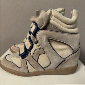 Isabel Marant Beige and Navy Blue Baskets Wila Wedge Sneakers - Size 39
